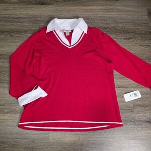 Notations Woman Red V-Neck Layered Sweater Top White Collar Plus 1X 33554-00